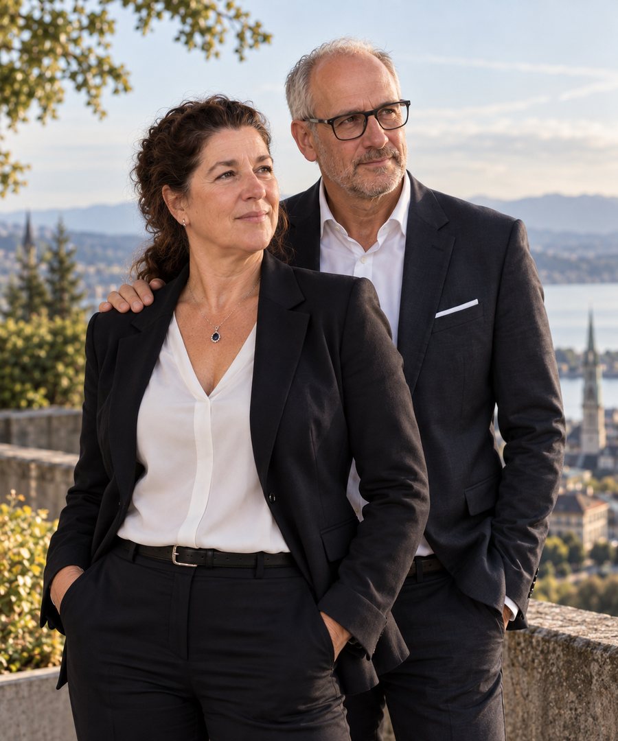 Christine Harder und Janpeter Kühnel, Gründer:innen von Mindful Engineering, auf einer Terrasse über dem Zürichsee